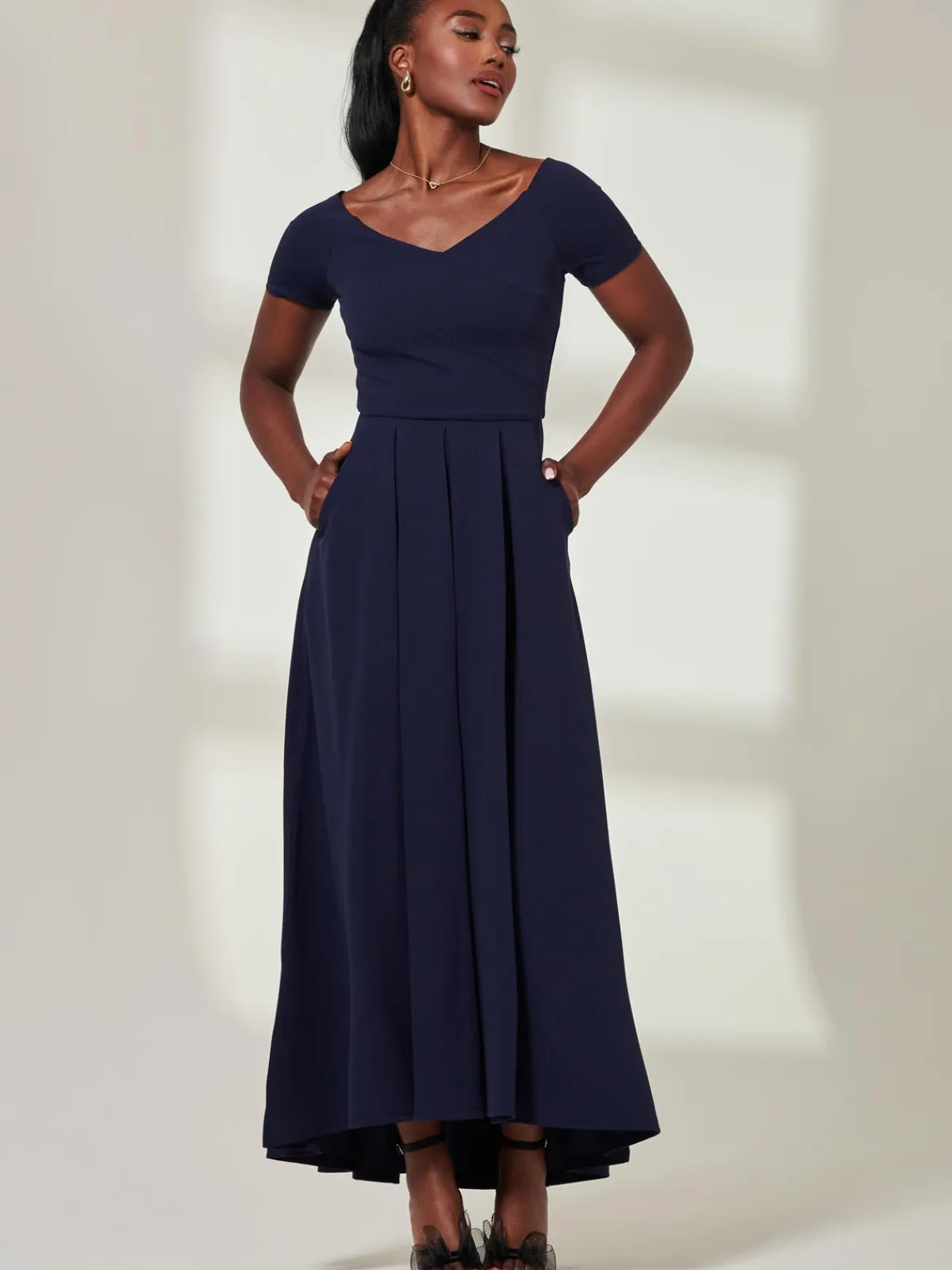 Jolie Moi Mother Of The Bride|Occasion Dresses-Yana Off Shoulder Scuba Maxi Dress, Navy