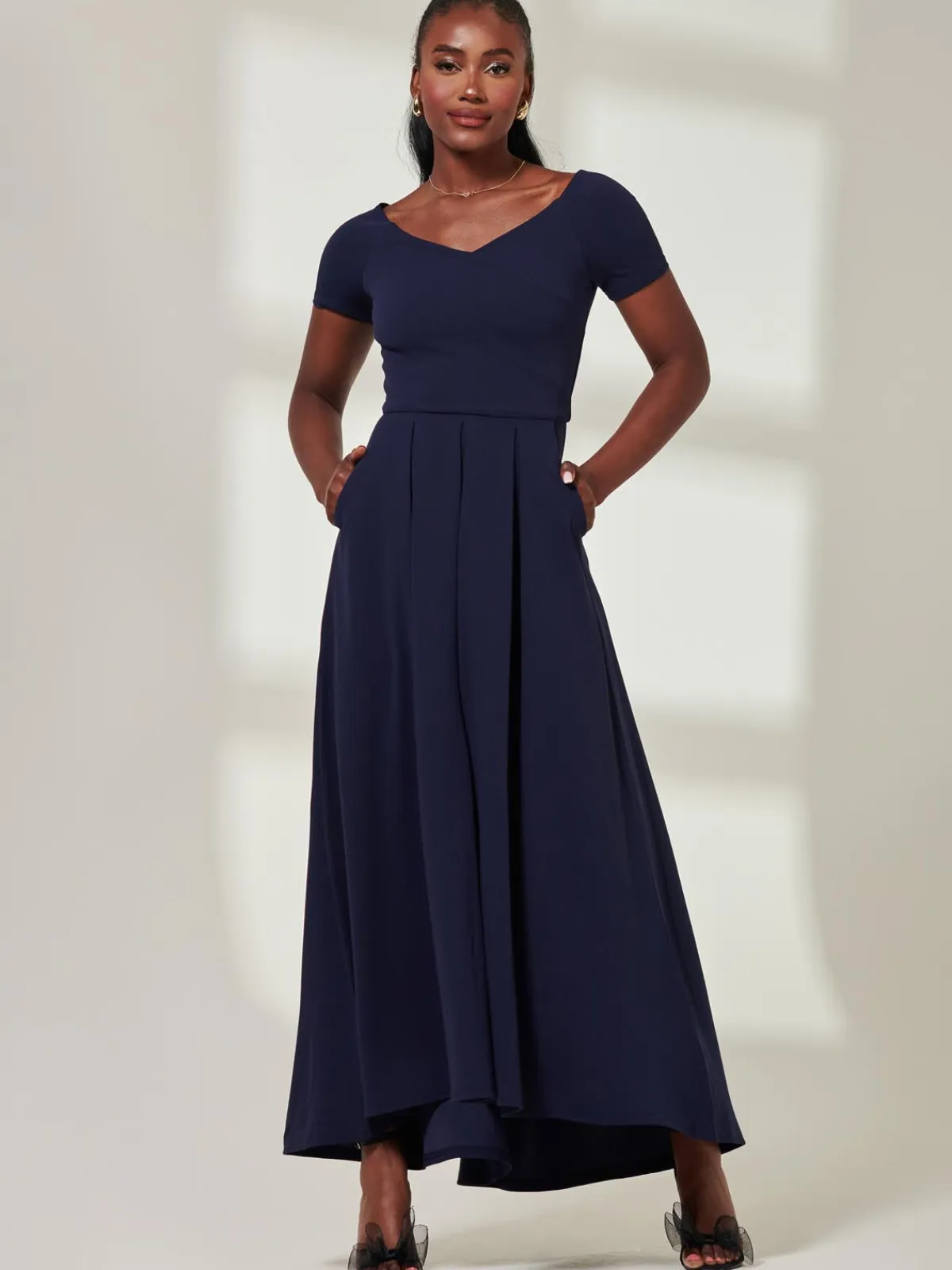 Jolie Moi Mother Of The Bride|Occasion Dresses-Yana Off Shoulder Scuba Maxi Dress, Navy