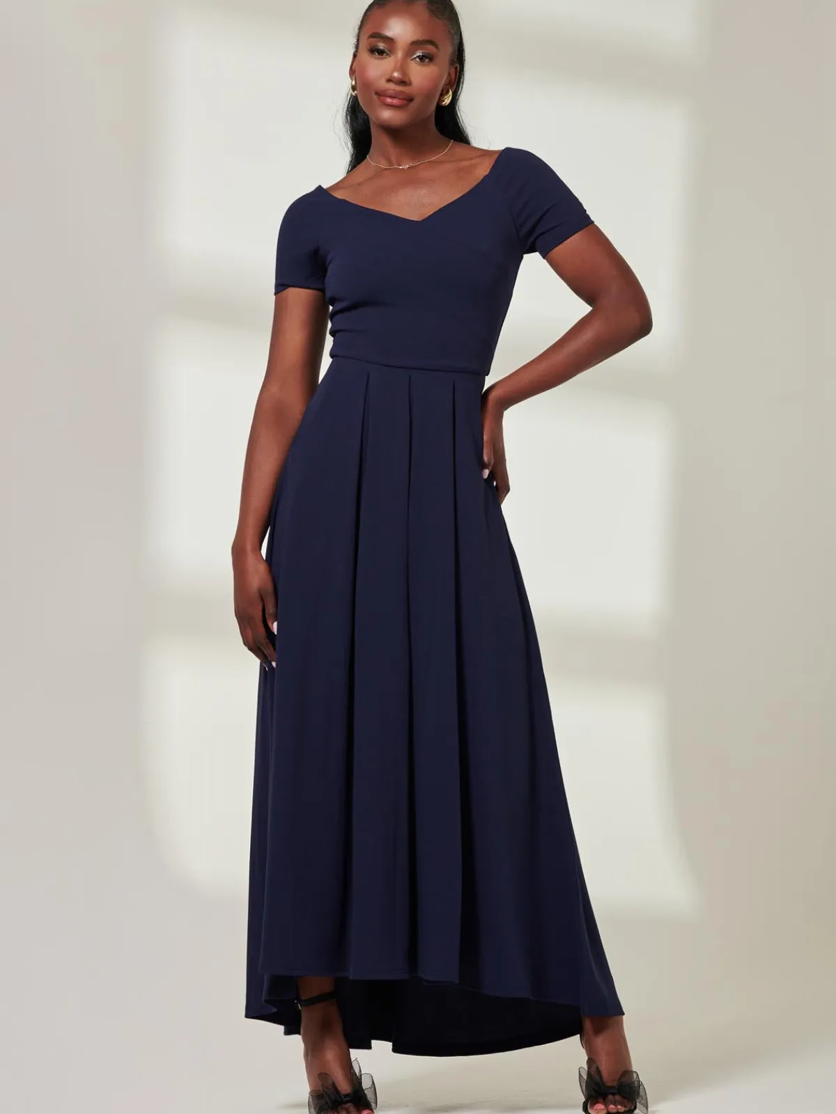Jolie Moi Mother Of The Bride|Occasion Dresses-Yana Off Shoulder Scuba Maxi Dress, Navy